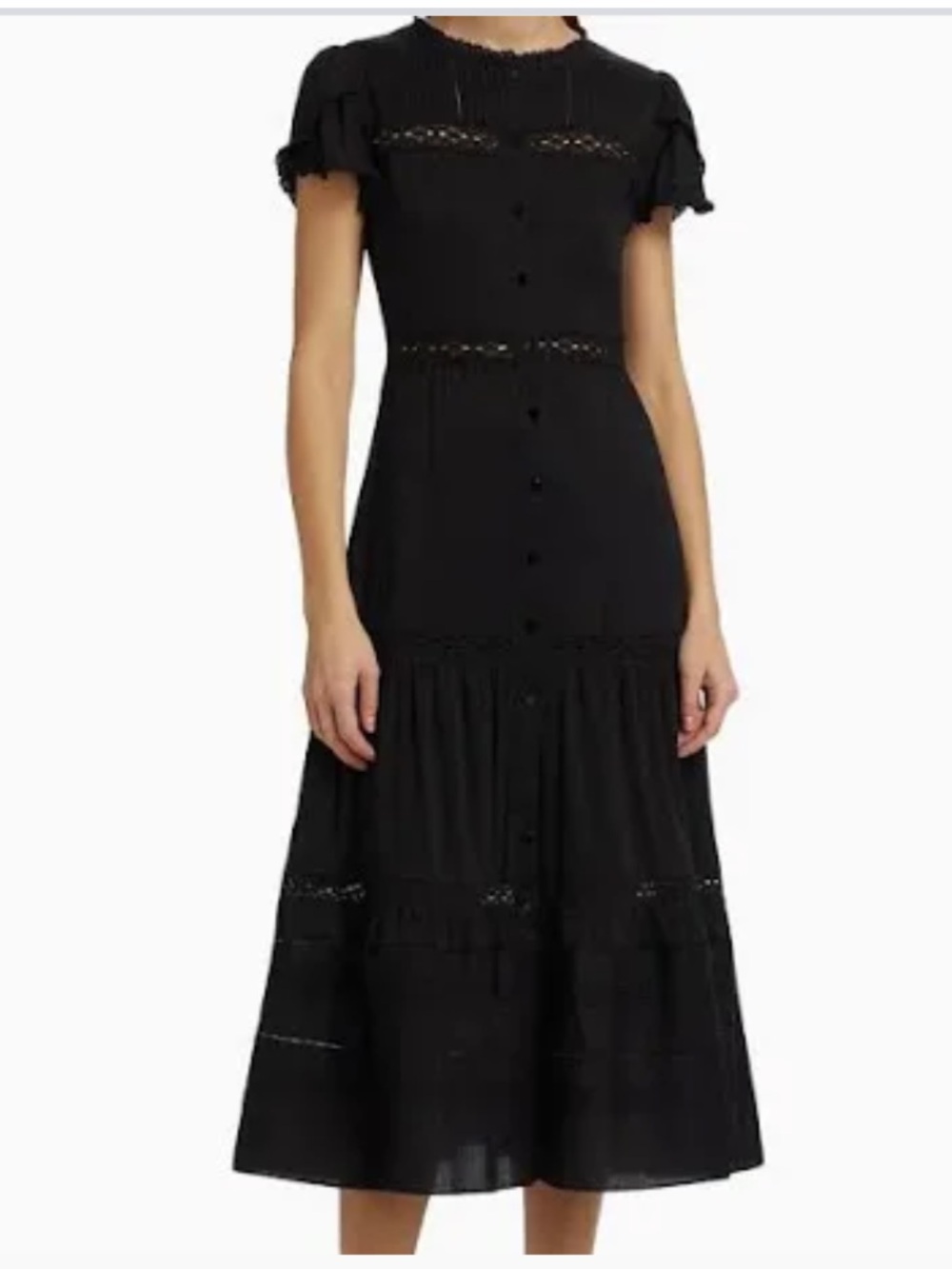 Reformation Black Lace-Trim Tiered Midi Dress